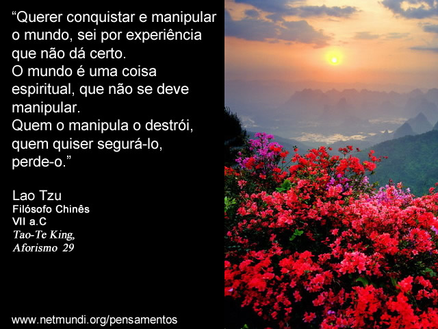 “Querer conquistar e manipular o mundo, sei por experiência que não dá certo. O mundo é uma coisa espiritual, que não se deve manipular. Quem o manipula o destrói, quem quiser segurá-lo, perde-o.” Lao Tzu, Filósofo Chinês, VII a.C, Tao-Te King, Aforismo 29